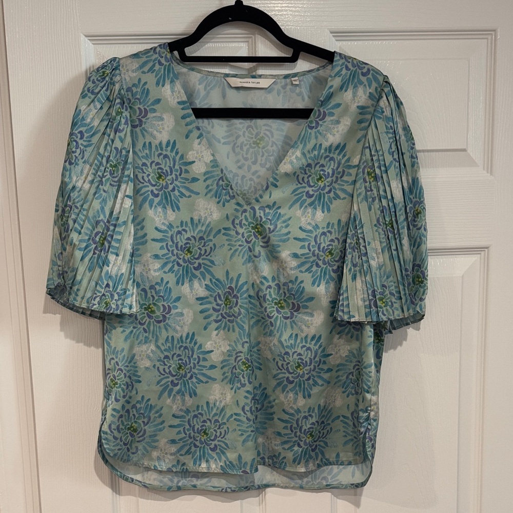Rebecca Taylor Floral V-Neck Blouse - Blue and Green
